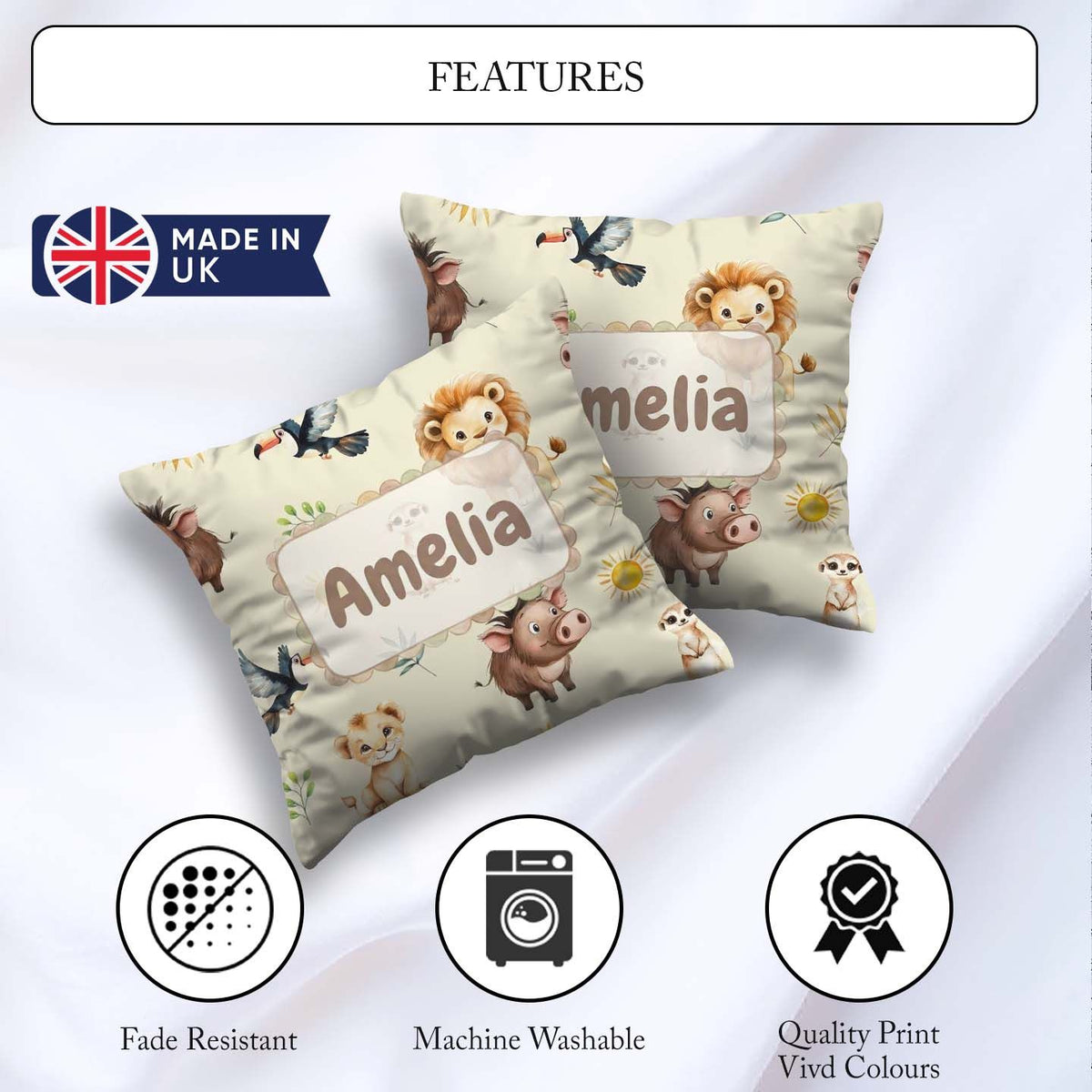 Custom Name Safari Animal Lion Meerkat and Warthog with Sun and Square Filled Cushion Throw Pillow Sofa Bed Home Decor Zip Washable UK Made