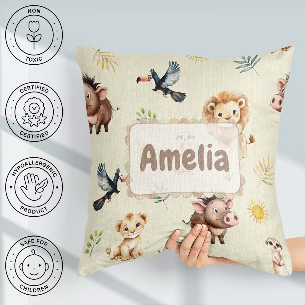 Custom Name Safari Animal Lion Meerkat and Warthog with Sun and Square Filled Cushion Throw Pillow Sofa Bed Home Decor Zip Washable UK Made