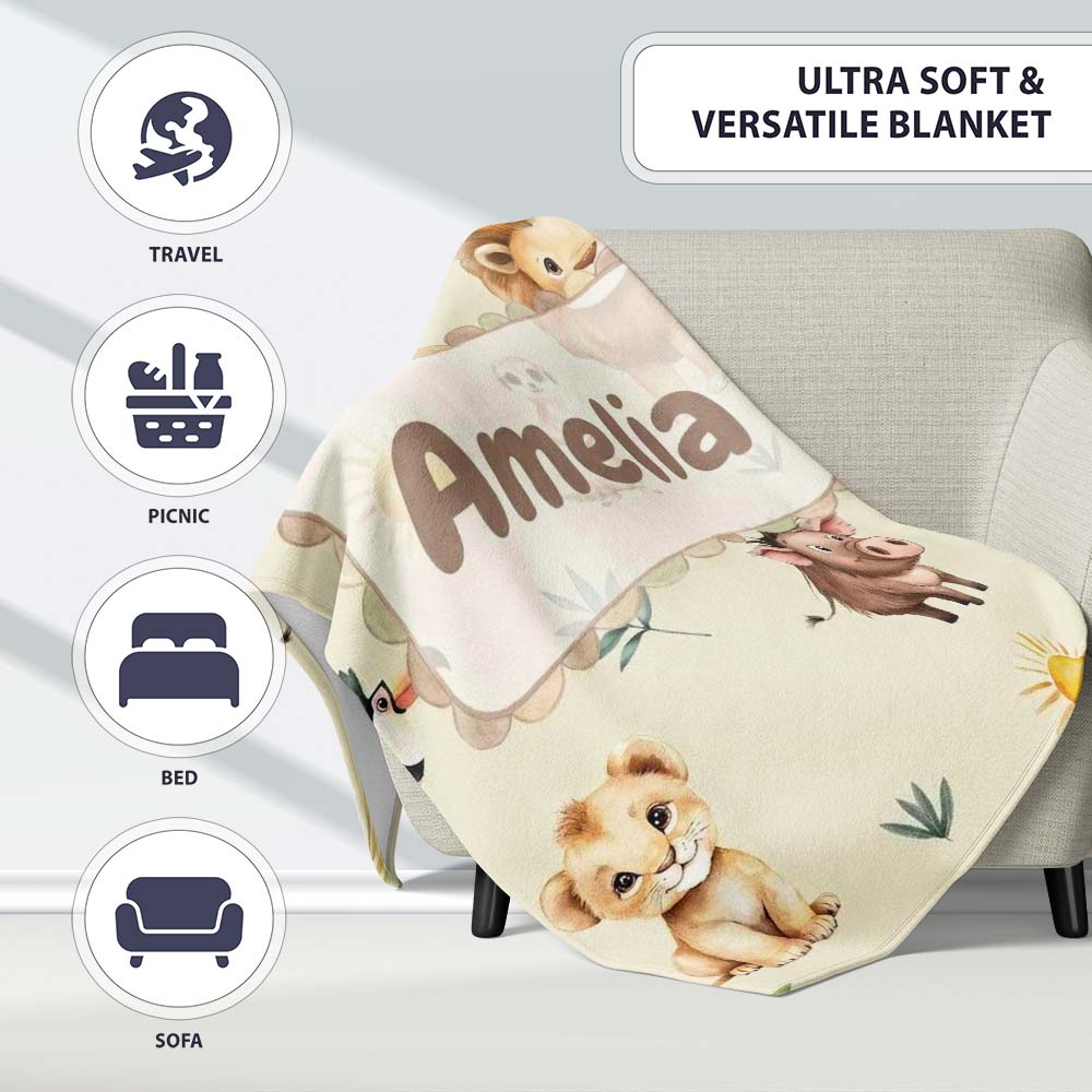 Cute Safari Animal Lion Meerkat Toucan and Warthog with Sun and  Personalised Custom Name Super Soft Fleece Blanket Bed Sofa Throw