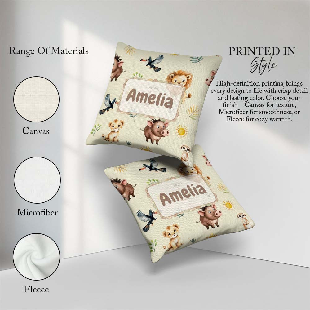 Custom Name Safari Animal Lion Meerkat and Warthog with Sun and Square Filled Cushion Throw Pillow Sofa Bed Home Decor Zip Washable UK Made