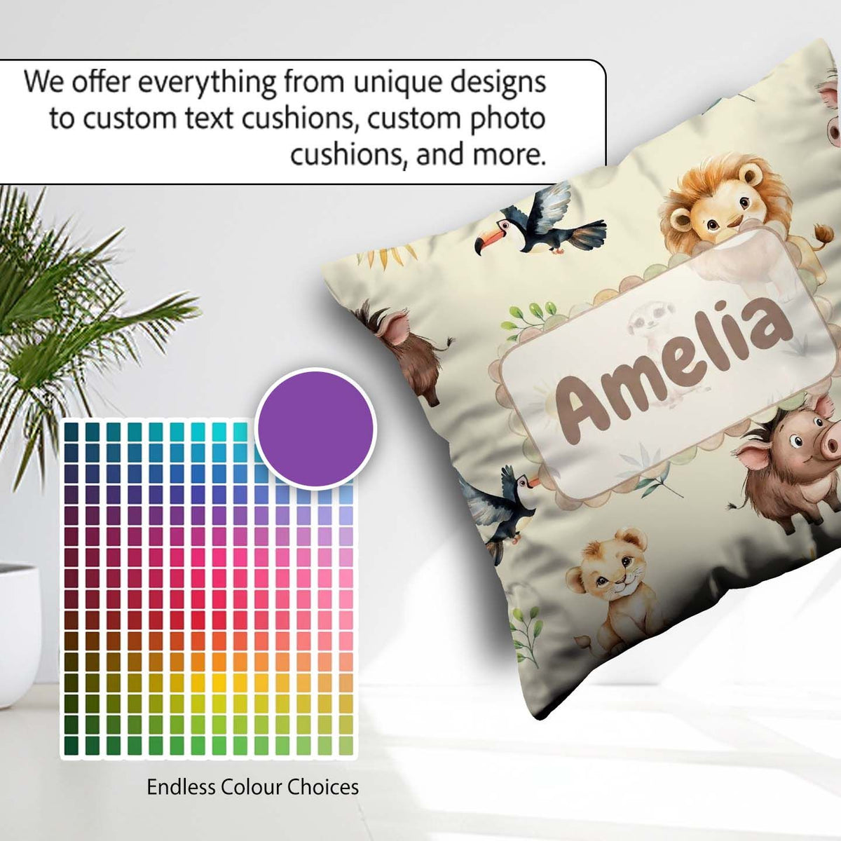 Custom Name Safari Animal Lion Meerkat and Warthog with Sun and Square Filled Cushion Throw Pillow Sofa Bed Home Decor Zip Washable UK Made