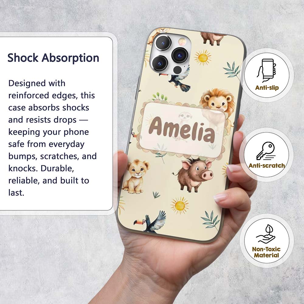 Cute Safari Animal Lion Meerkat Printed Design Custom Name Protective Phone Case Mobile Cover Durable Everyday Smartphone Shock Resistant