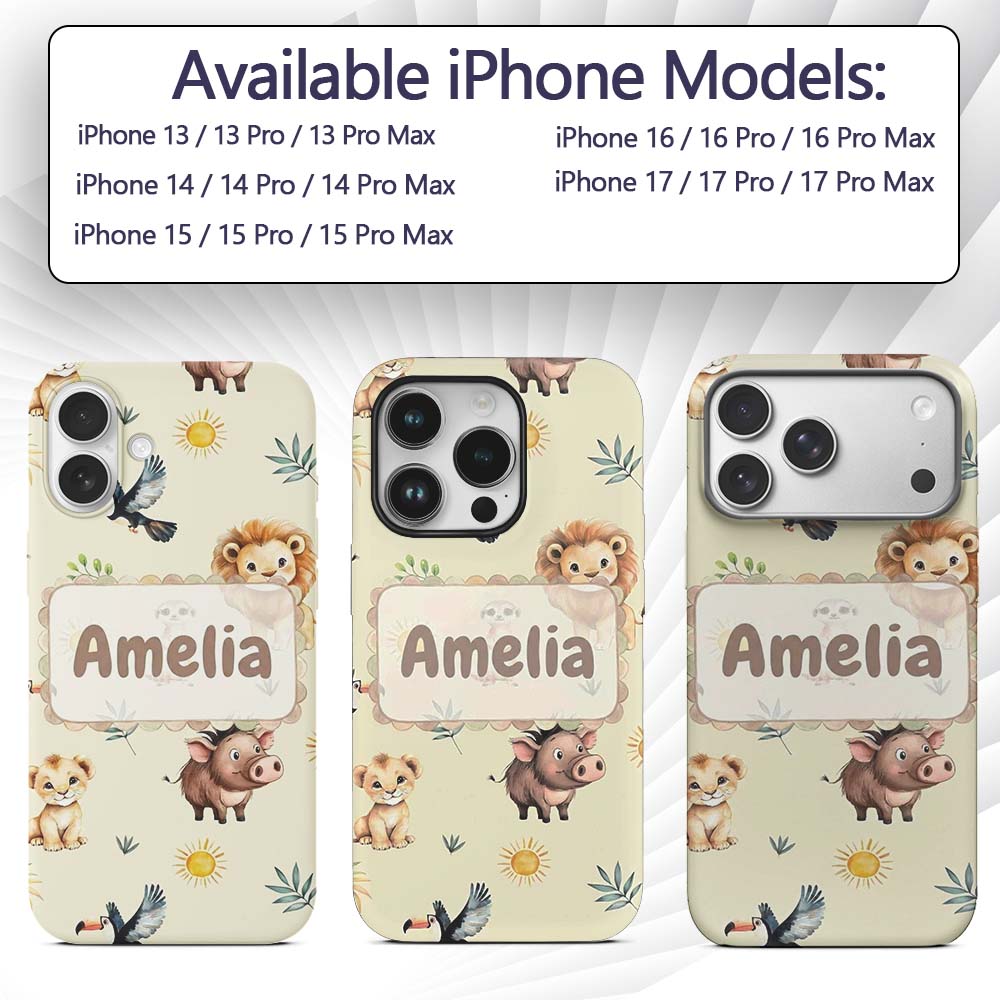 Cute Safari Animal Lion Meerkat Printed Design Custom Name Protective Phone Case Mobile Cover Durable Everyday Smartphone Shock Resistant