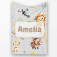 Cute Safari Animals Lion  Toucan and Warthog with Sun and  Personalised Custom Name Super Soft Fleece Blanket Bed Sofa Throw