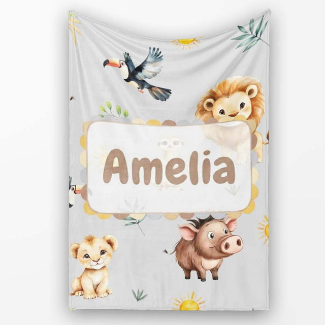 Cute Safari Animals Lion  Toucan and Warthog with Sun and  Personalised Custom Name Super Soft Fleece Blanket Bed Sofa Throw