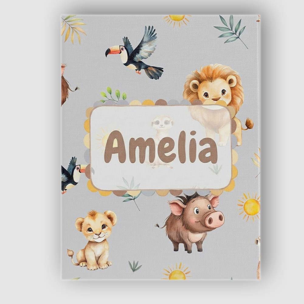 Personalised Name Cute Safari Animals Lion Custom  Unique Gift Idea Elegant Feature Canvas Wall Art Print Decor Picture Ready to Hang