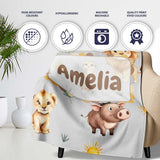Cute Safari Animals Lion  Toucan and Warthog with Sun and  Personalised Custom Name Super Soft Fleece Blanket Bed Sofa Throw
