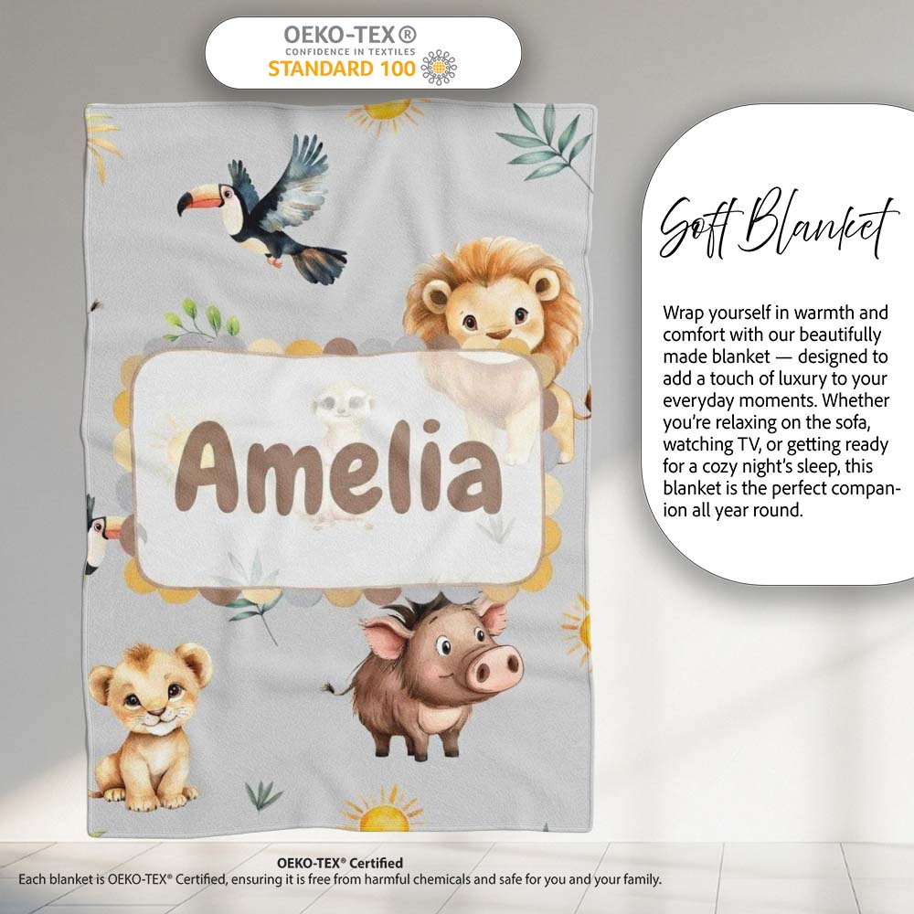 Cute Safari Animals Lion  Toucan and Warthog with Sun and  Personalised Custom Name Super Soft Fleece Blanket Bed Sofa Throw