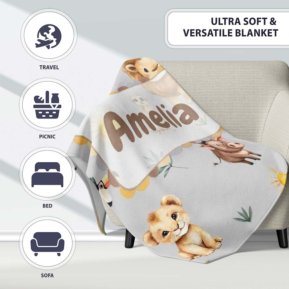 Cute Safari Animals Lion  Toucan and Warthog with Sun and  Personalised Custom Name Super Soft Fleece Blanket Bed Sofa Throw