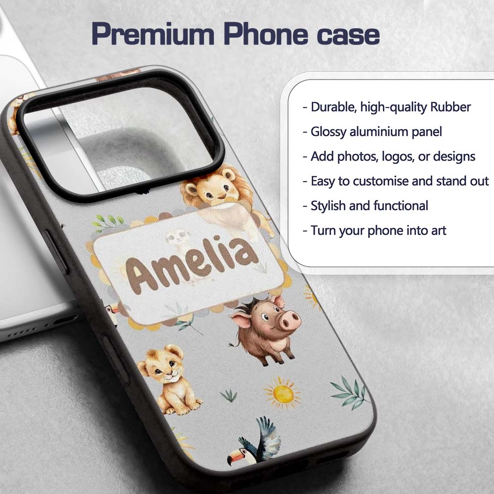 Cute Safari Animals Lion Toucan and Warthog with Custom Name Protective Phone Case Mobile Cover Durable Everyday Smartphone Shock Resistant
