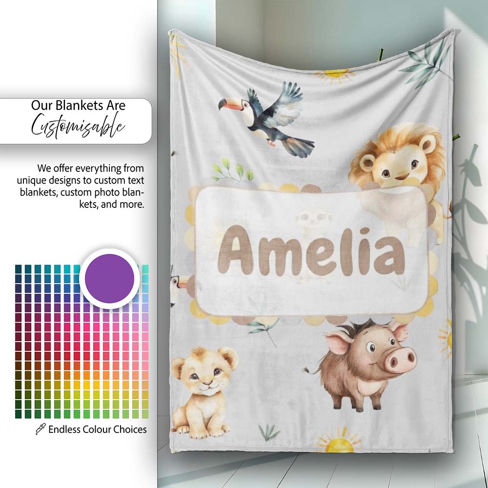 Cute Safari Animals Lion  Toucan and Warthog with Sun and  Personalised Custom Name Super Soft Fleece Blanket Bed Sofa Throw