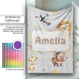 Cute Safari Animals Lion  Toucan and Warthog with Sun and  Personalised Custom Name Super Soft Fleece Blanket Bed Sofa Throw