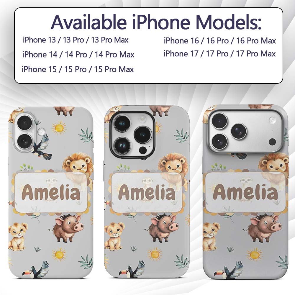 Cute Safari Animals Lion Toucan and Warthog with Custom Name Protective Phone Case Mobile Cover Durable Everyday Smartphone Shock Resistant