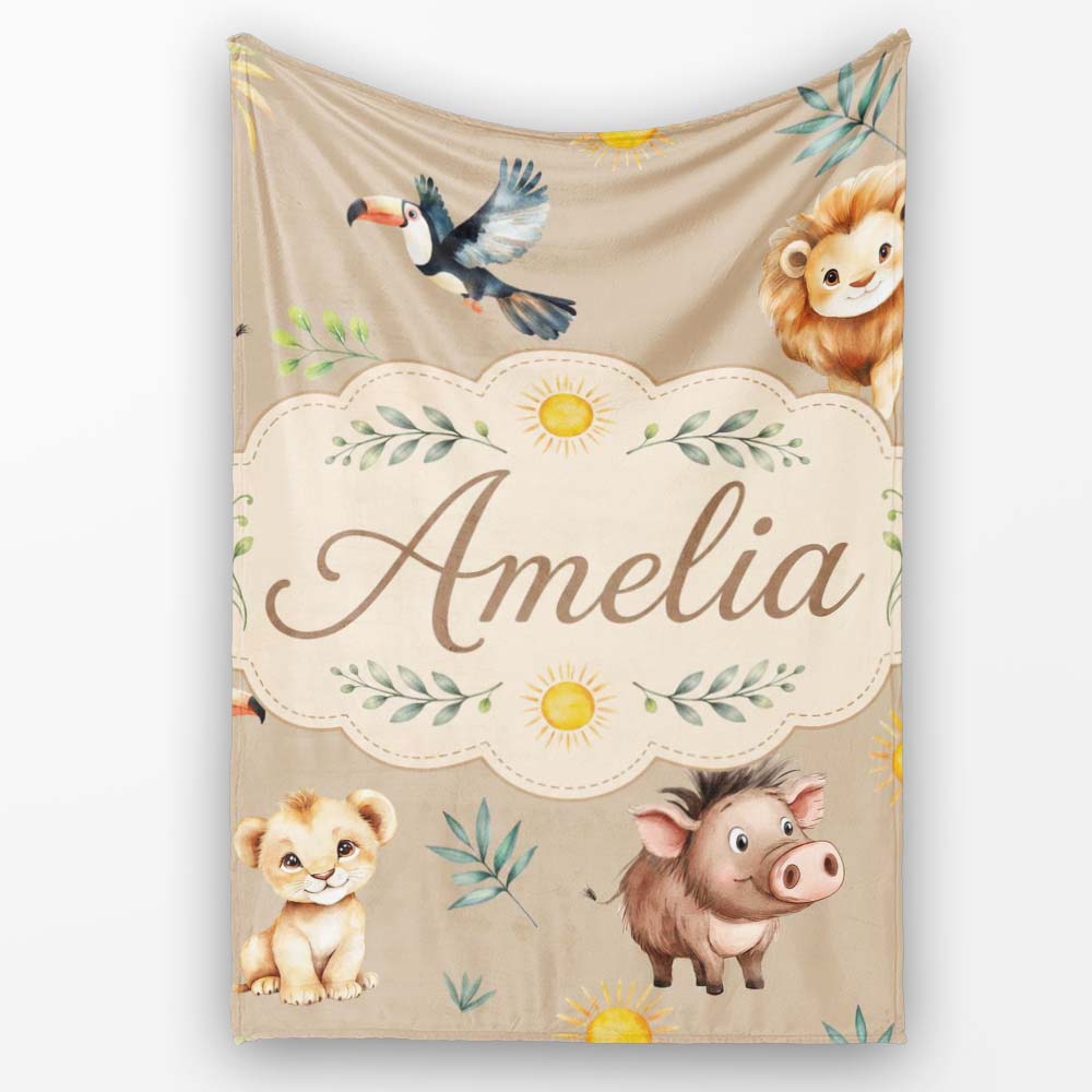 Cute Safari Animals Lion and Warthog with Sun and Leaves on Tan Pink  Personalised Custom Name Super Soft Fleece Blanket Bed Sofa Throw