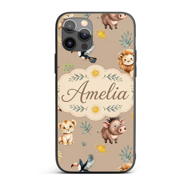 Cute Safari Animals Lion and Warthog with Sun and Custom Name Protective Phone Case Mobile Cover Durable Everyday Smartphone Shock Resistant