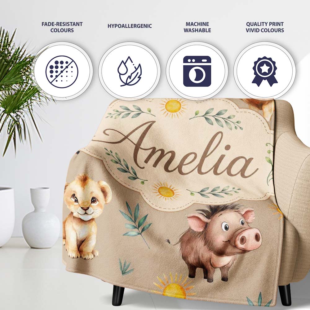 Cute Safari Animals Lion and Warthog with Sun and Leaves on Tan Pink  Personalised Custom Name Super Soft Fleece Blanket Bed Sofa Throw