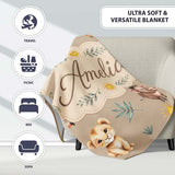 Cute Safari Animals Lion and Warthog with Sun and Leaves on Tan Pink  Personalised Custom Name Super Soft Fleece Blanket Bed Sofa Throw