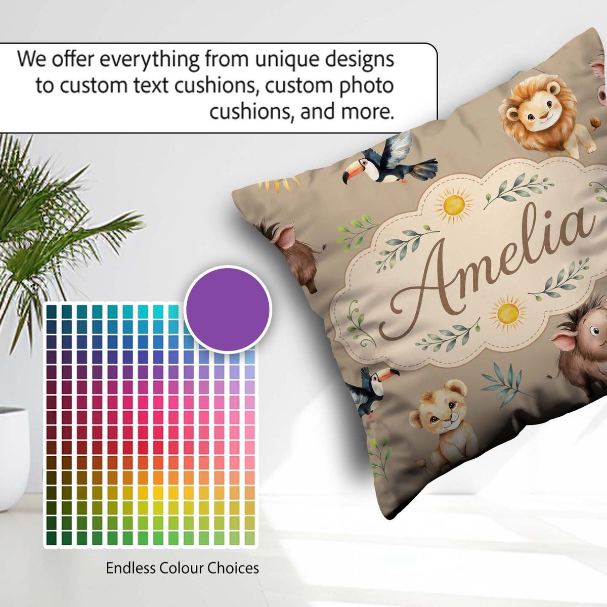 Custom Name Cute Safari Lion and with Sun and Leaves on Tan Pink Square Filled Cushion Throw Pillow Sofa Bed Home Decor Zip Washable UK Made