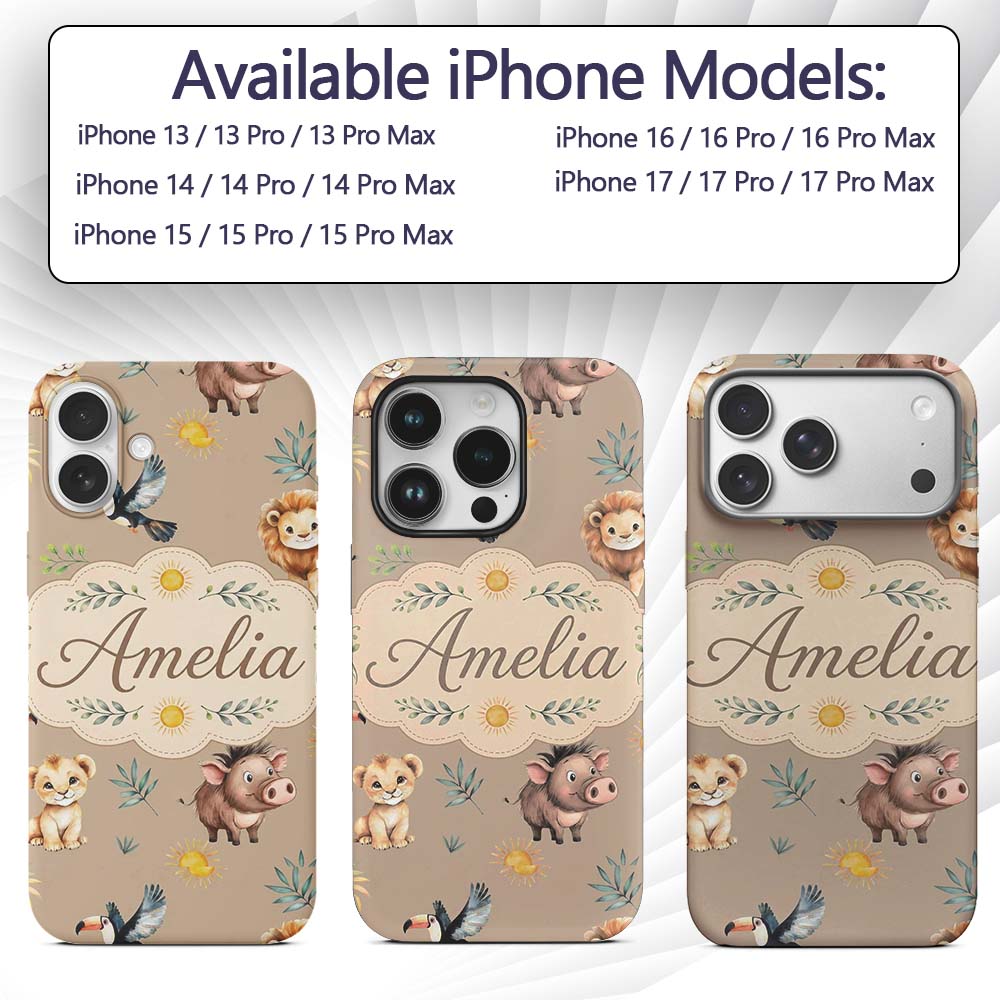 Cute Safari Animals Lion and Warthog with Sun and Custom Name Protective Phone Case Mobile Cover Durable Everyday Smartphone Shock Resistant