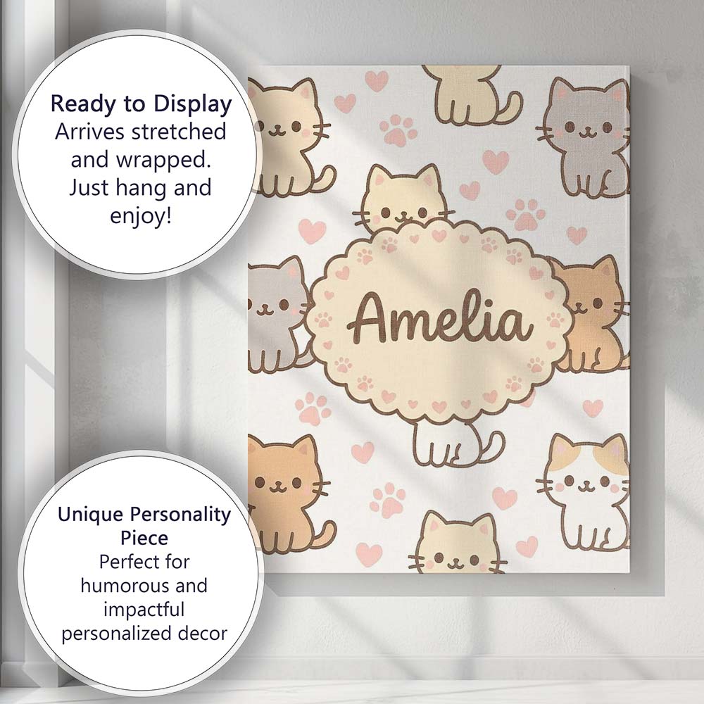 Personalised Name Cute Kitten Hearts Cartoon Animal Pattern Charming Custom  Home Canvas Wall Art Print Decor Picture Ready to Hang