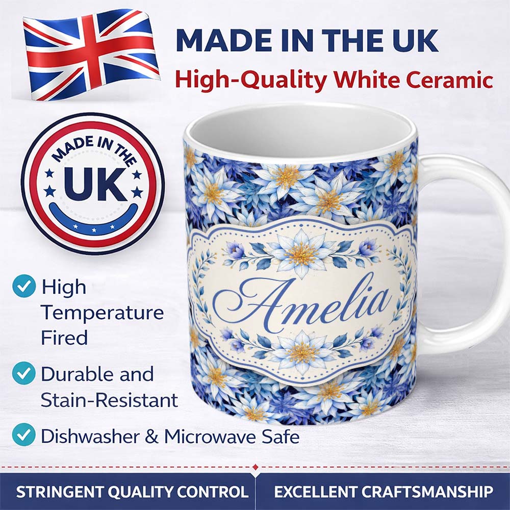 Personalized Custom Name Bold Blue White Botanical Floral Seamless Pattern Cute Unique Gift 11oz Ceramic Coffee Tea Mug White Large Handle