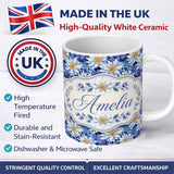 Personalized Custom Name Bold Blue White Botanical Floral Seamless Pattern Cute Unique Gift 11oz Ceramic Coffee Tea Mug White Large Handle