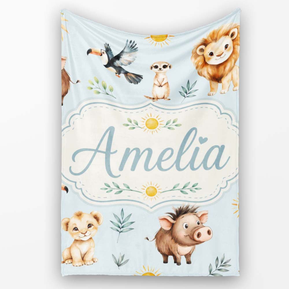 Cute Safari Animals Lion Meerkat Warthog with Sun and Leaves on Sage  Personalised Custom Name Super Soft Fleece Blanket Bed Sofa Throw