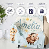 Cute Safari Animals Lion Meerkat Warthog with Sun and Leaves on Sage  Personalised Custom Name Super Soft Fleece Blanket Bed Sofa Throw