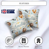 Custom Name Cute Safari Animals Lion with Sun and Leaves on Sage Square Filled Cushion Throw Pillow Sofa Bed Home Decor Zip Washable UK Made