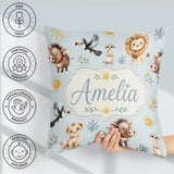 Custom Name Cute Safari Animals Lion with Sun and Leaves on Sage Square Filled Cushion Throw Pillow Sofa Bed Home Decor Zip Washable UK Made