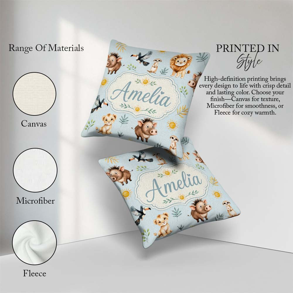 Custom Name Cute Safari Animals Lion with Sun and Leaves on Sage Square Filled Cushion Throw Pillow Sofa Bed Home Decor Zip Washable UK Made