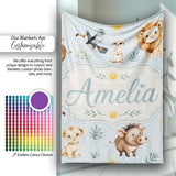 Cute Safari Animals Lion Meerkat Warthog with Sun and Leaves on Sage  Personalised Custom Name Super Soft Fleece Blanket Bed Sofa Throw
