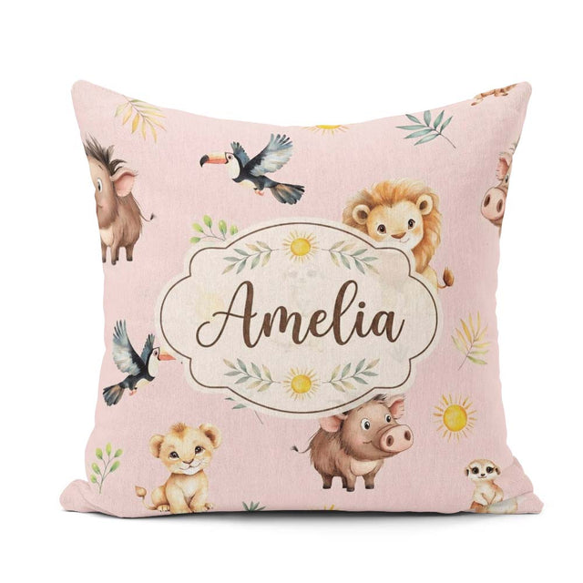 Custom Name Safari Animals Lion Meerkat, Warthog with Sun and on Square Filled Cushion Throw Pillow Sofa Bed Home Decor Zip Washable UK Made
