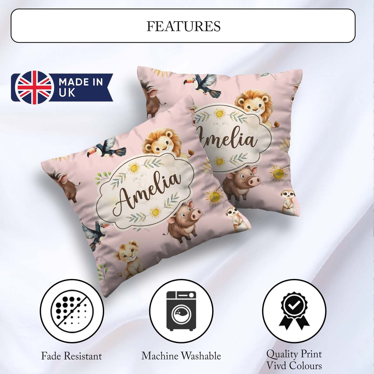 Custom Name Safari Animals Lion Meerkat, Warthog with Sun and on Square Filled Cushion Throw Pillow Sofa Bed Home Decor Zip Washable UK Made