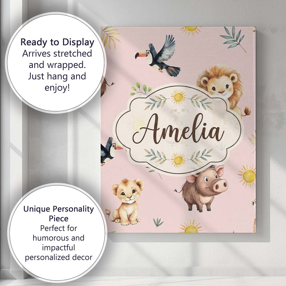 Personalised Name Cute Safari Animals Lion Custom  Unique Gift Idea Elegant Feature Canvas Wall Art Print Decor Picture Ready to Hang