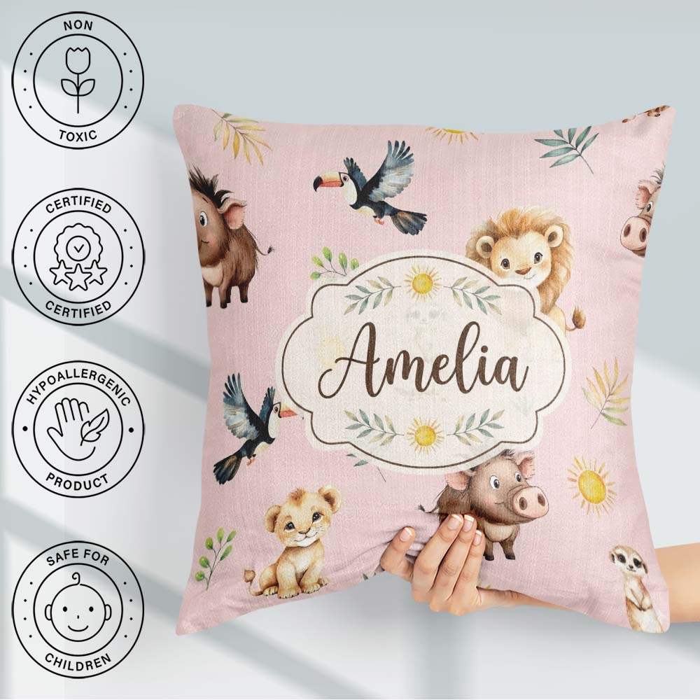 Custom Name Safari Animals Lion Meerkat, Warthog with Sun and on Square Filled Cushion Throw Pillow Sofa Bed Home Decor Zip Washable UK Made