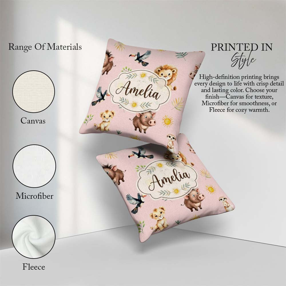 Custom Name Safari Animals Lion Meerkat, Warthog with Sun and on Square Filled Cushion Throw Pillow Sofa Bed Home Decor Zip Washable UK Made