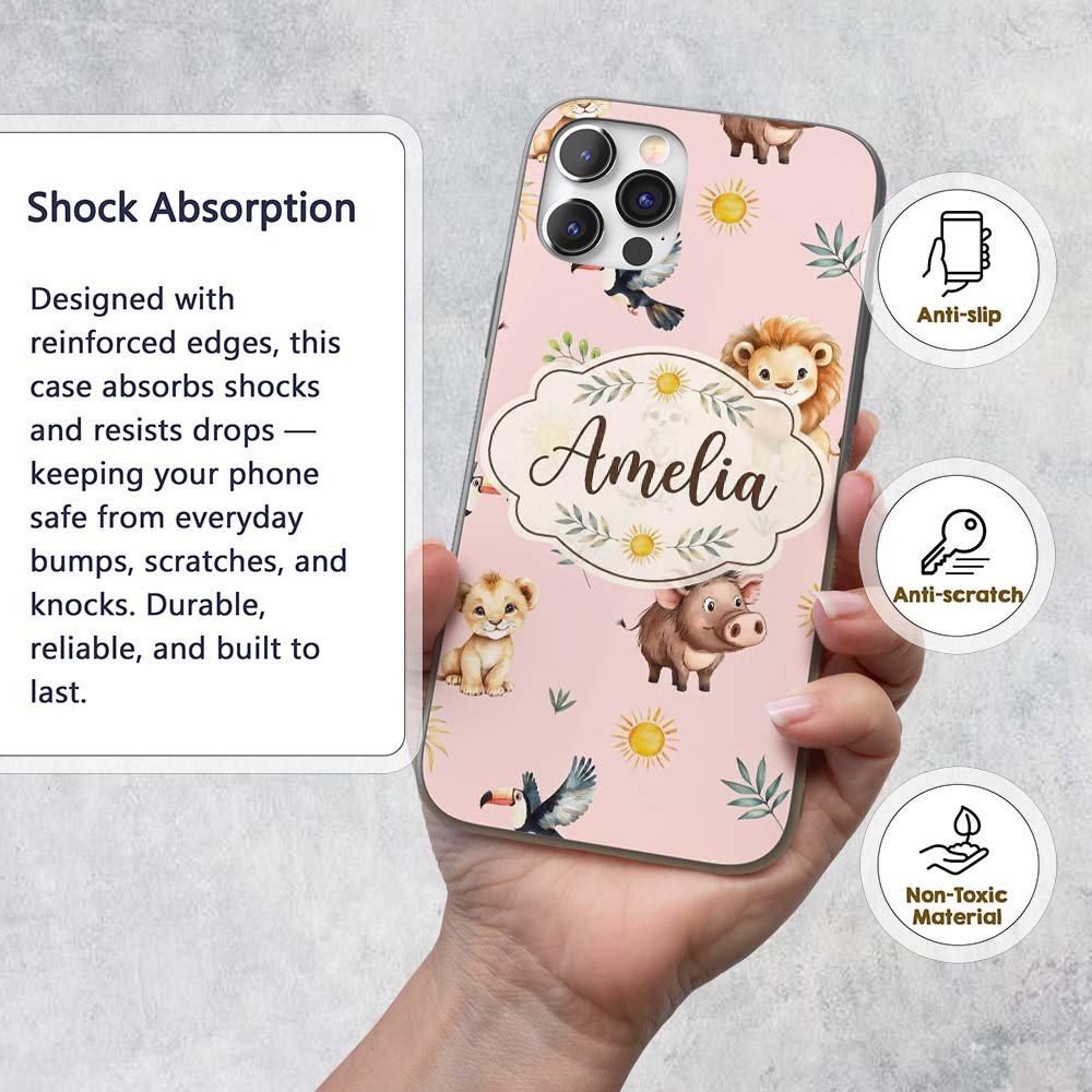 Cute Safari Animals Lion Meerkat, Warthog with Custom Name Protective Phone Case Mobile Cover Durable Everyday Smartphone Shock Resistant