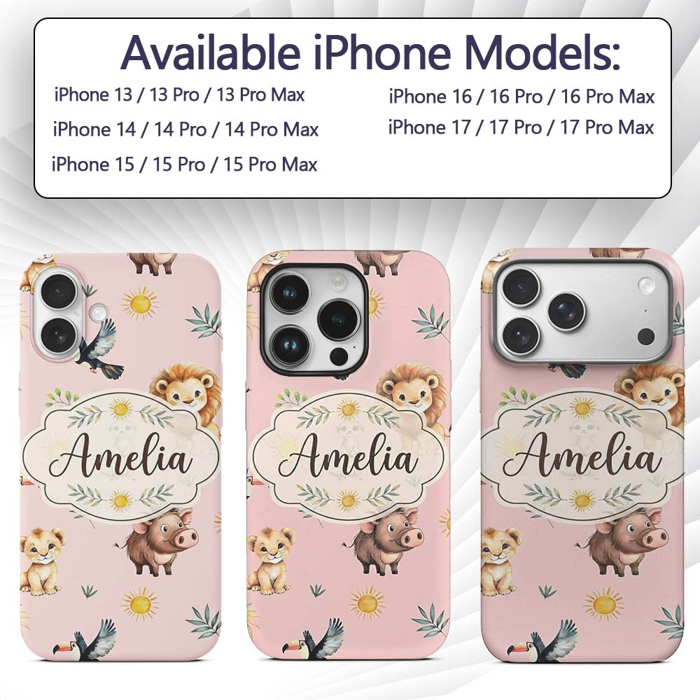 Cute Safari Animals Lion Meerkat, Warthog with Custom Name Protective Phone Case Mobile Cover Durable Everyday Smartphone Shock Resistant
