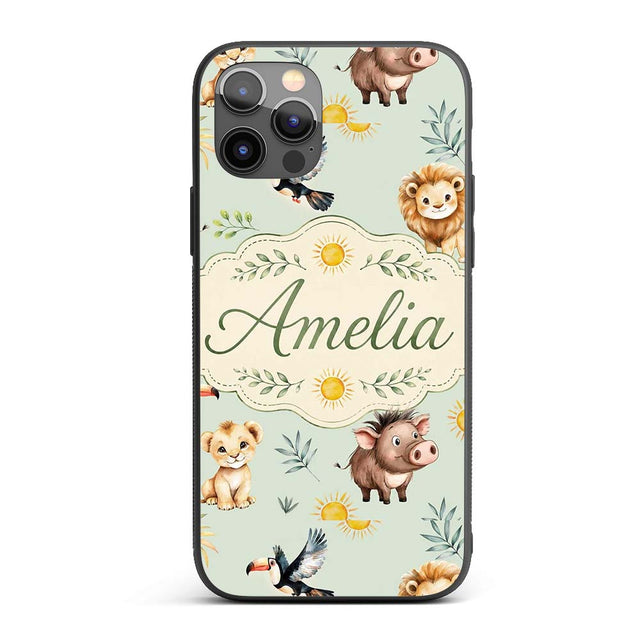 Cute Safari Animals Lion Meerkat Printed Design Custom Name Protective Phone Case Mobile Cover Durable Everyday Smartphone Shock Resistant