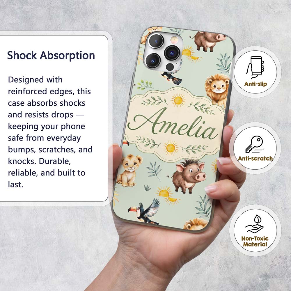 Cute Safari Animals Lion Meerkat Printed Design Custom Name Protective Phone Case Mobile Cover Durable Everyday Smartphone Shock Resistant