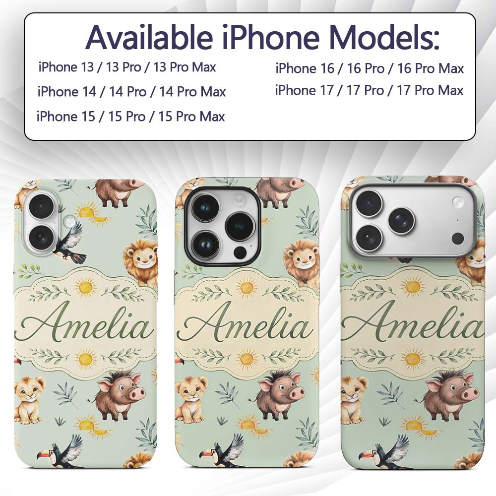 Cute Safari Animals Lion Meerkat Printed Design Custom Name Protective Phone Case Mobile Cover Durable Everyday Smartphone Shock Resistant