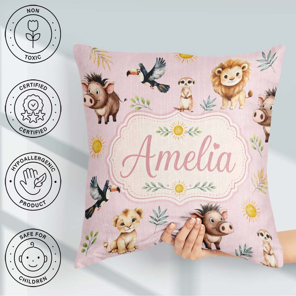 Custom Name Cute Safari Animals Lion Meerkat Toucan and with Sun Square Filled Cushion Throw Pillow Sofa Bed Home Decor Zip Washable UK Made
