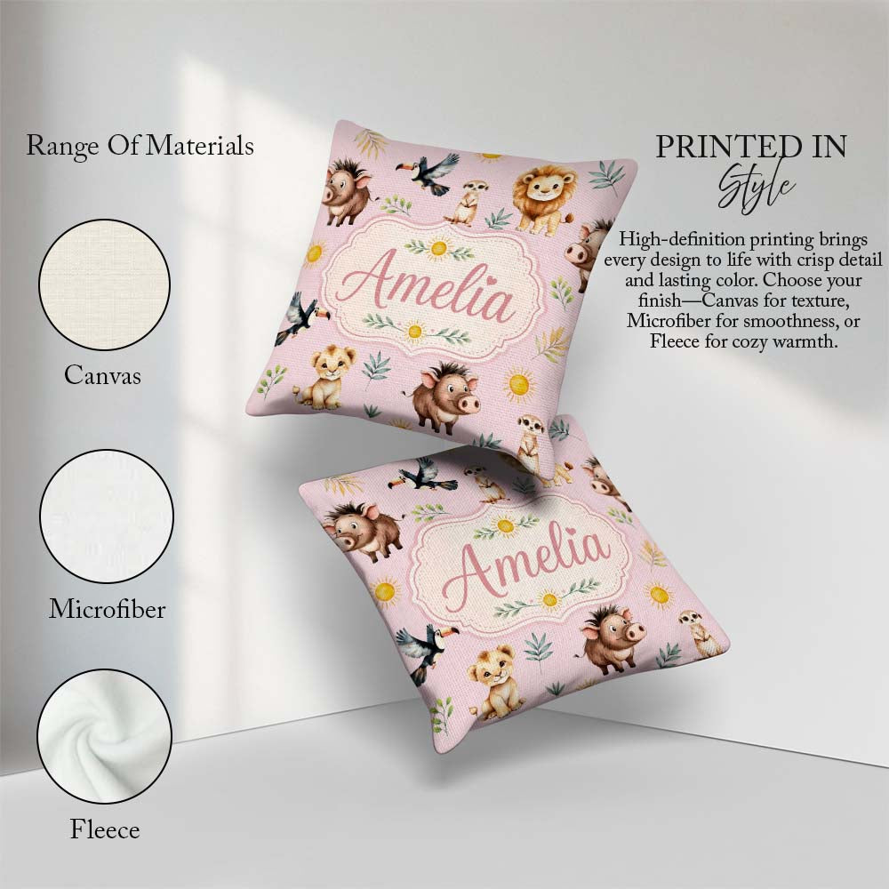 Custom Name Cute Safari Animals Lion Meerkat Toucan and with Sun Square Filled Cushion Throw Pillow Sofa Bed Home Decor Zip Washable UK Made