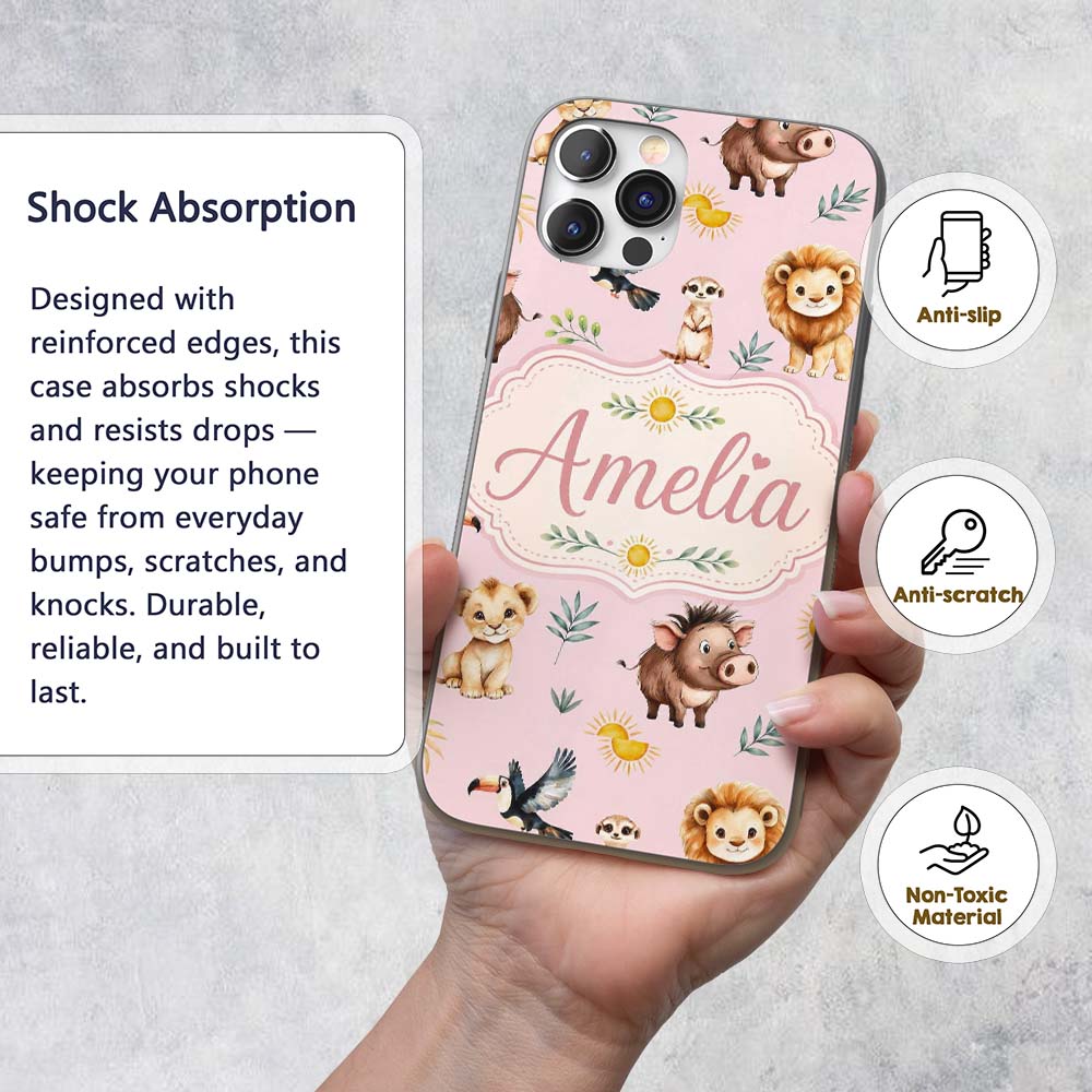 Cute Safari Animals Lion Meerkat Printed Design Custom Name Protective Phone Case Mobile Cover Durable Everyday Smartphone Shock Resistant