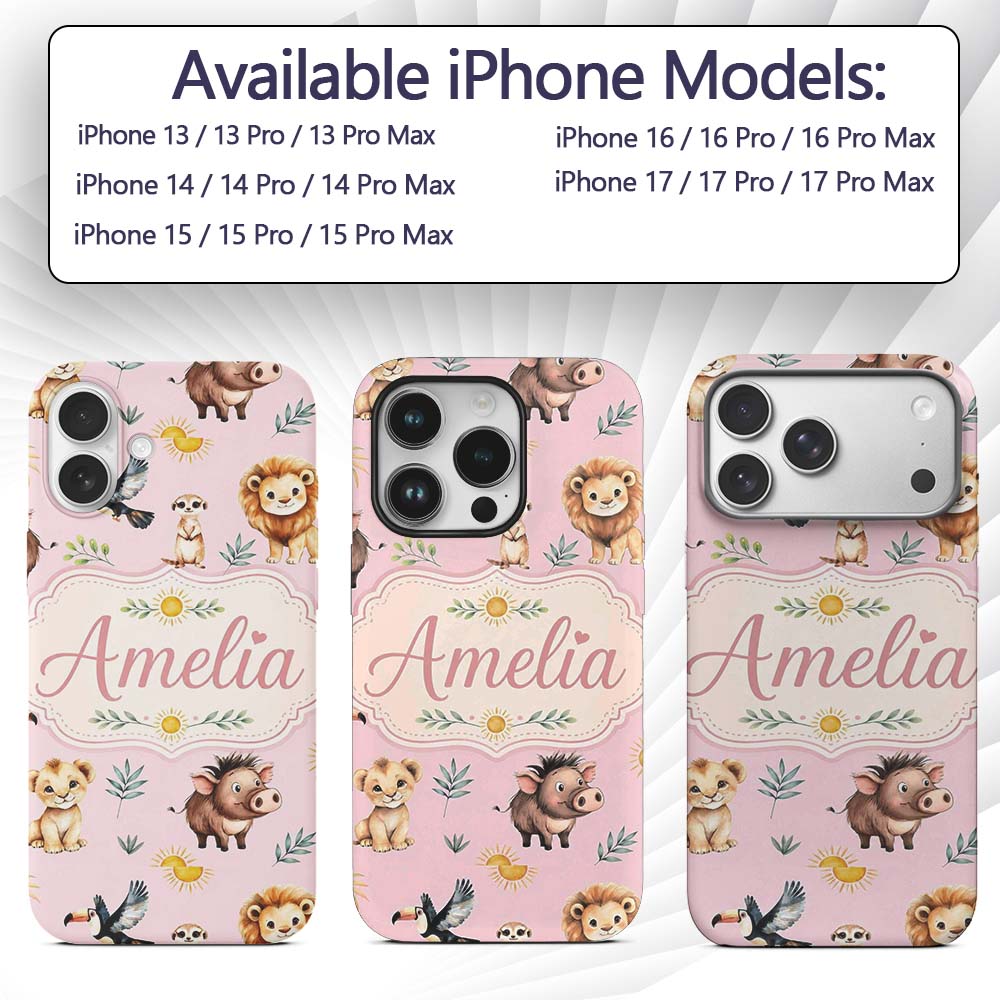 Cute Safari Animals Lion Meerkat Printed Design Custom Name Protective Phone Case Mobile Cover Durable Everyday Smartphone Shock Resistant