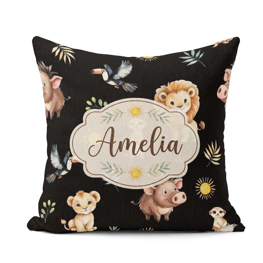 Custom Name Cute Safari Animals Lion Meerkat Toucan and with Sun Square Filled Cushion Throw Pillow Sofa Bed Home Decor Zip Washable UK Made