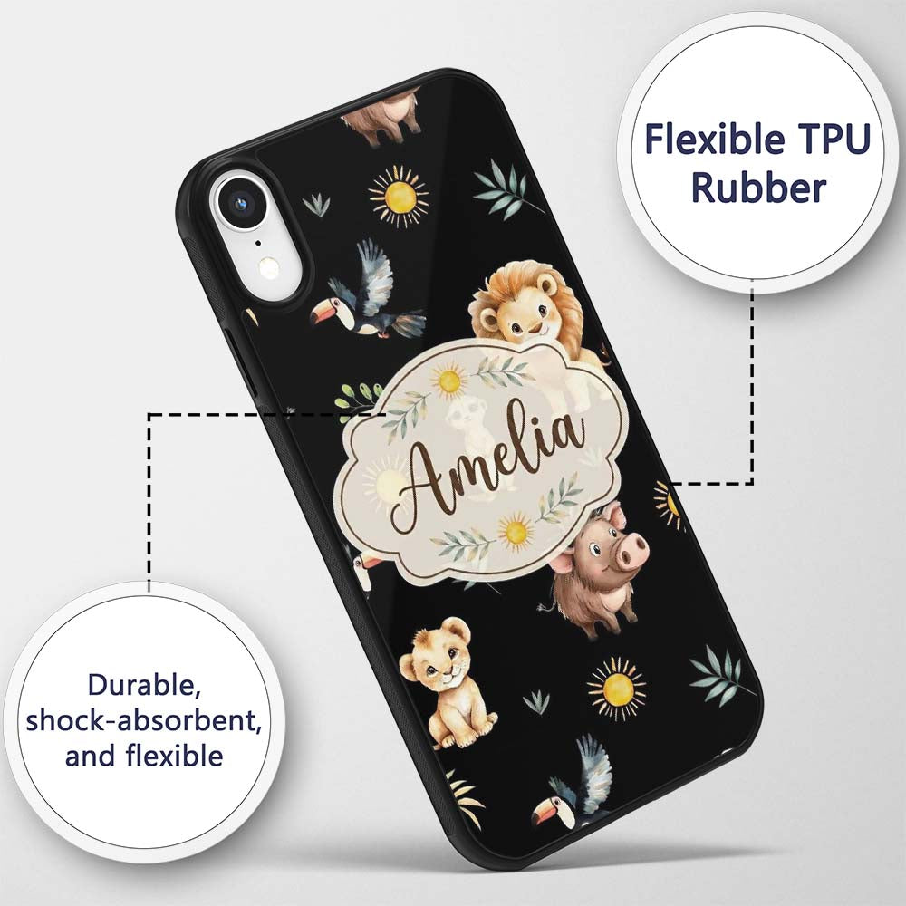 Cute Safari Animals Lion Meerkat Printed Design Custom Name Protective Phone Case Mobile Cover Durable Everyday Smartphone Shock Resistant