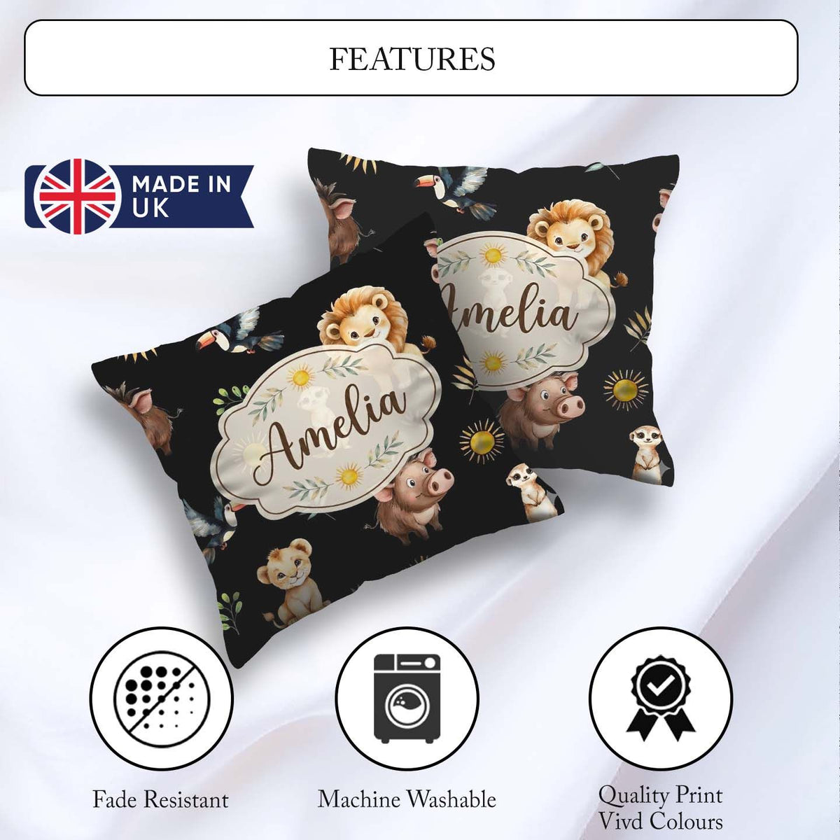 Custom Name Cute Safari Animals Lion Meerkat Toucan and with Sun Square Filled Cushion Throw Pillow Sofa Bed Home Decor Zip Washable UK Made