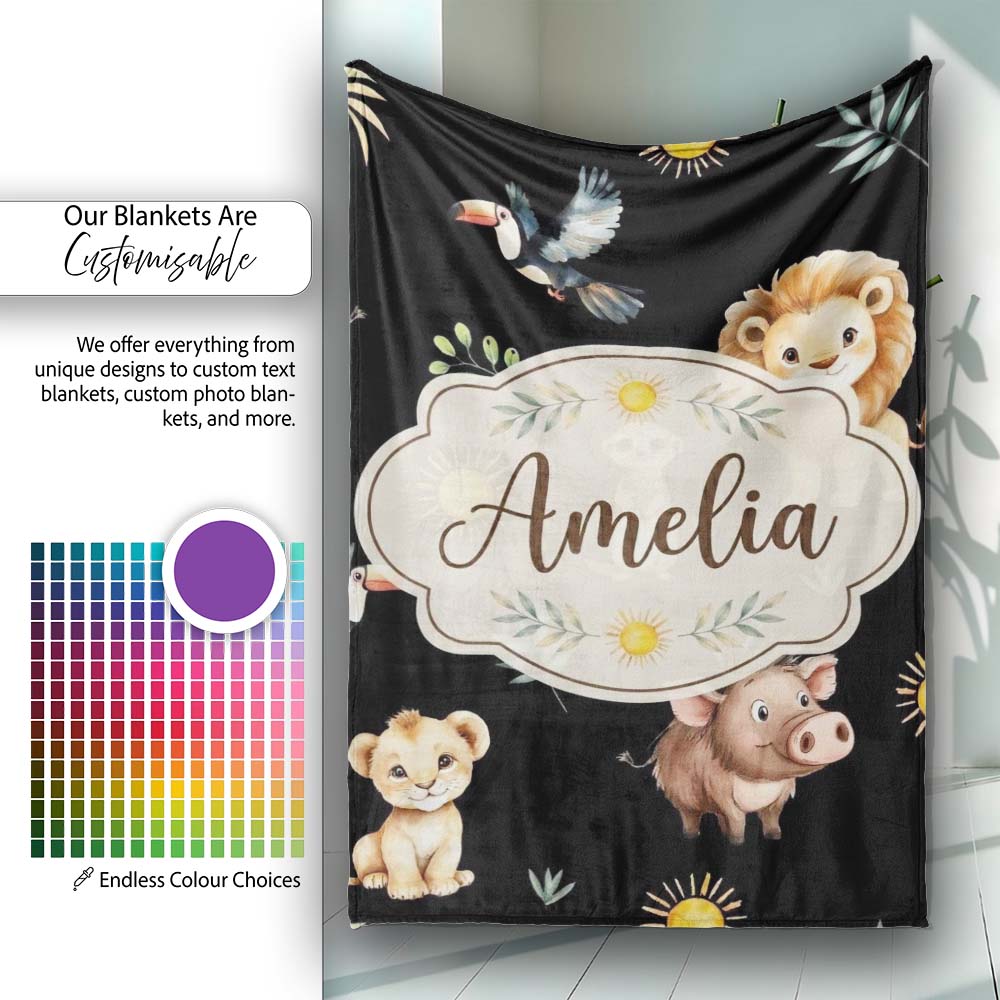 Cute Safari Animals Lion Meerkat Toucan and Warthog with Sun  Personalised Custom Name Super Soft Fleece Blanket Bed Sofa Throw